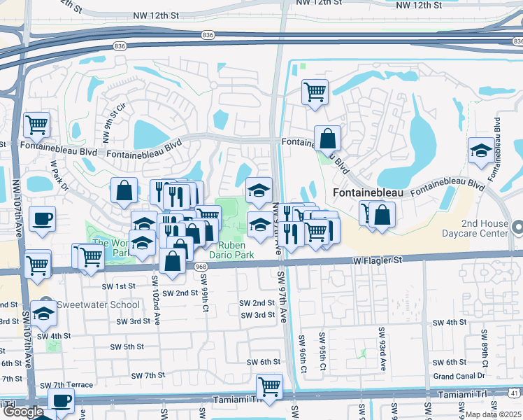 map of restaurants, bars, coffee shops, grocery stores, and more near 350 Northwest 97th Avenue in Miami