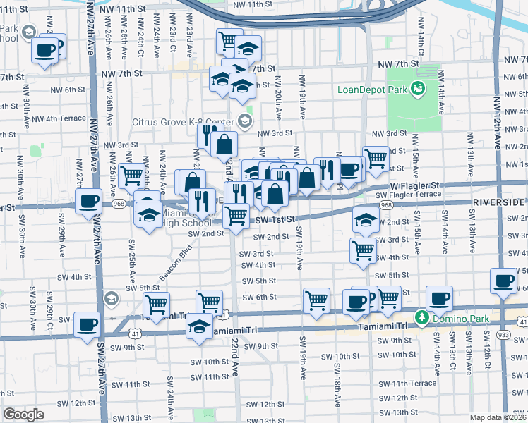 map of restaurants, bars, coffee shops, grocery stores, and more near 2093 Southwest 1st Street in Miami