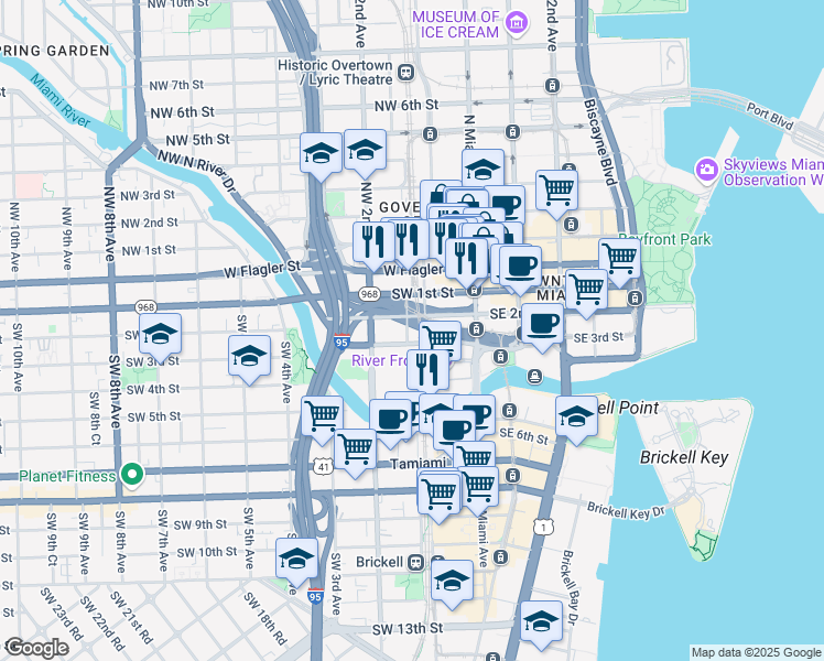 map of restaurants, bars, coffee shops, grocery stores, and more near 251 Southwest 1st Street in Miami