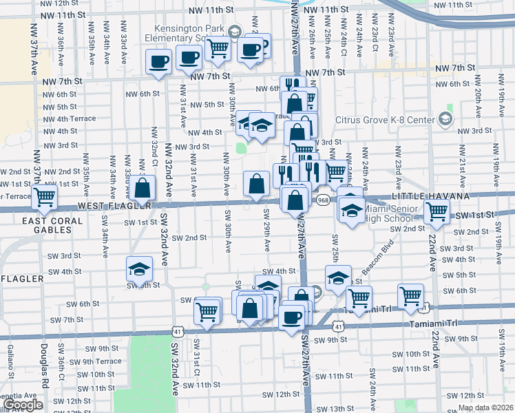 map of restaurants, bars, coffee shops, grocery stores, and more near 2955 Southwest 1st Street in Miami