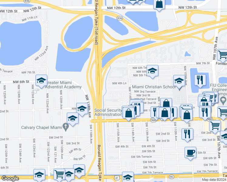 map of restaurants, bars, coffee shops, grocery stores, and more near 420 Northwest 114th Avenue in Miami