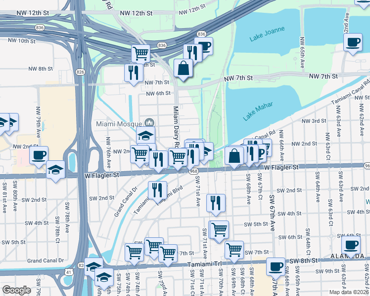 map of restaurants, bars, coffee shops, grocery stores, and more near 7177 Northwest 1st Terrace in Miami