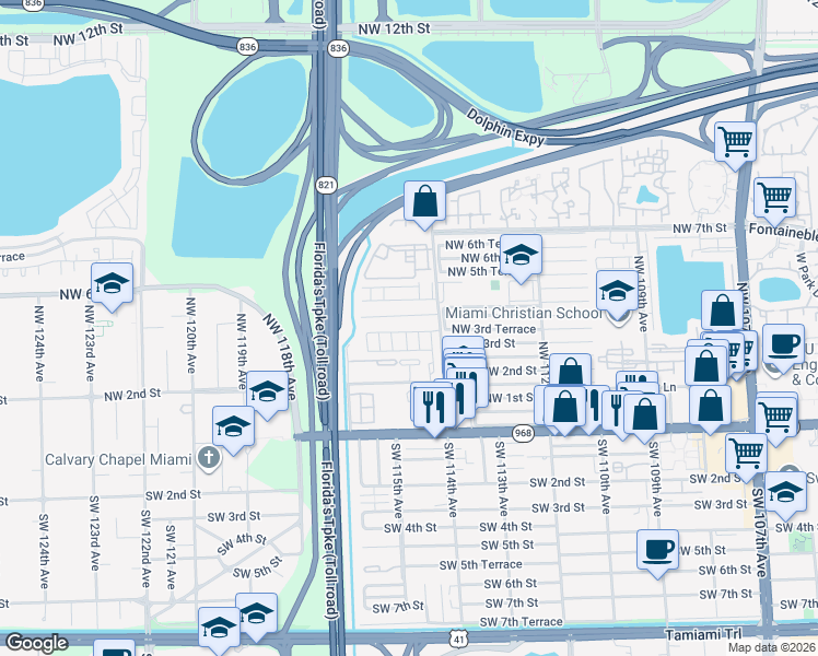 map of restaurants, bars, coffee shops, grocery stores, and more near 372 Northwest 114th Avenue in Miami