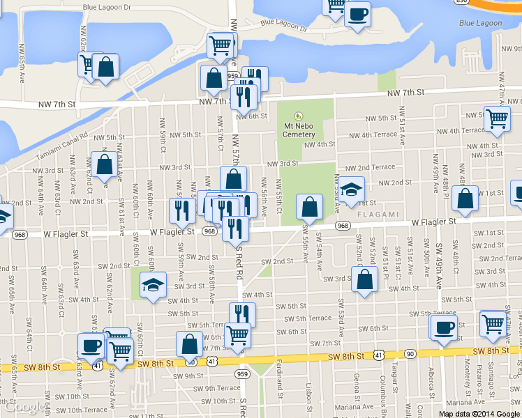 map of restaurants, bars, coffee shops, grocery stores, and more near 110 Northwest 56th Avenue in Miami