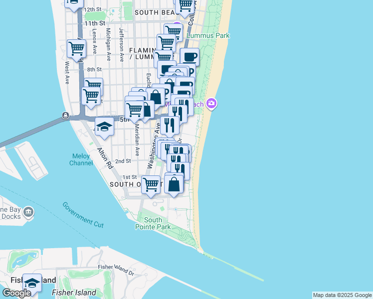 map of restaurants, bars, coffee shops, grocery stores, and more near in Miami Beach