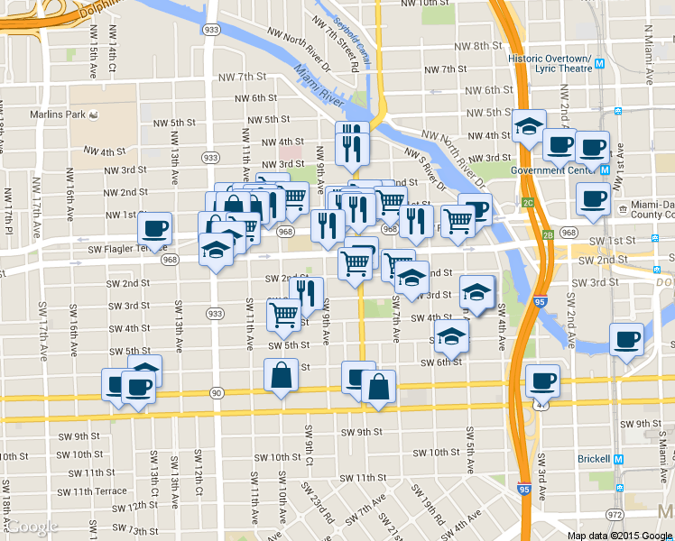 map of restaurants, bars, coffee shops, grocery stores, and more near 200 Southwest 8th Avenue in Miami