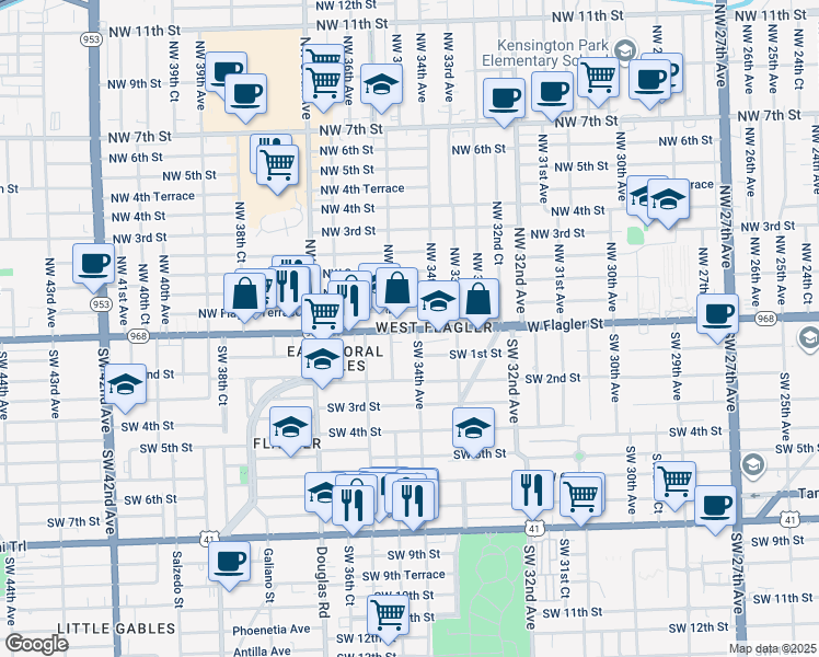 map of restaurants, bars, coffee shops, grocery stores, and more near 38 Southwest 34th Avenue in Miami