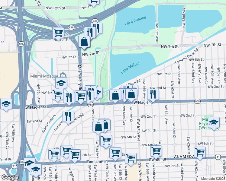 map of restaurants, bars, coffee shops, grocery stores, and more near 120 Northwest 68th Court in Miami