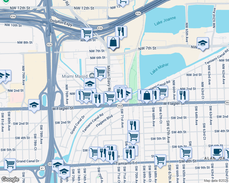 map of restaurants, bars, coffee shops, grocery stores, and more near 7177 Northwest 1st Terrace in Miami