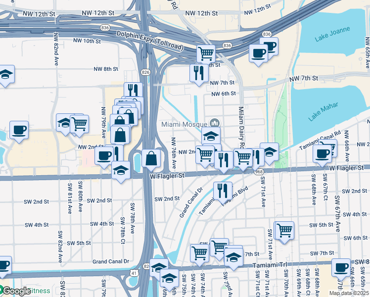 map of restaurants, bars, coffee shops, grocery stores, and more near 7500 Northwest 2nd Street in Miami