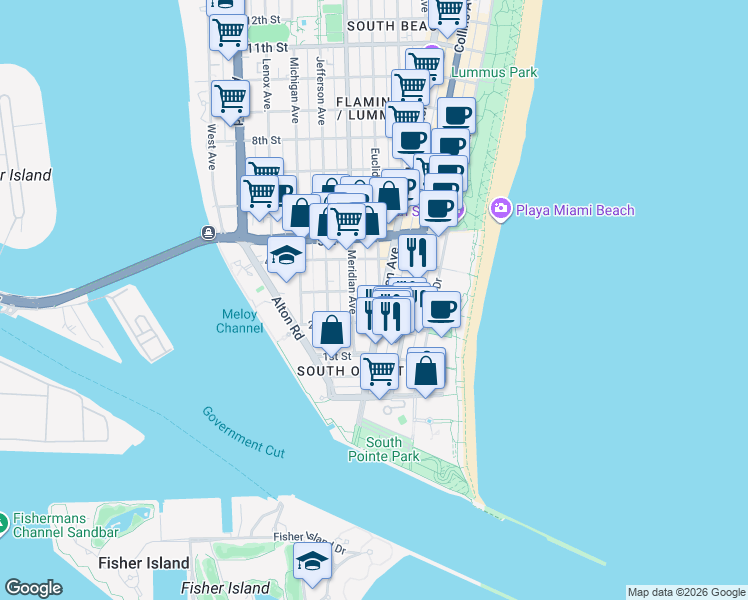 map of restaurants, bars, coffee shops, grocery stores, and more near 242 Washington Avenue in Miami Beach