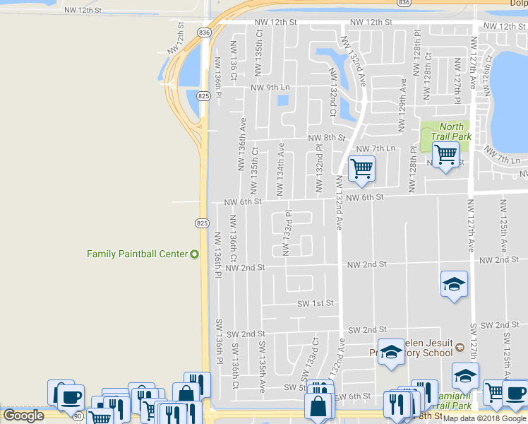 map of restaurants, bars, coffee shops, grocery stores, and more near 521 Northwest 135th Avenue in Miami