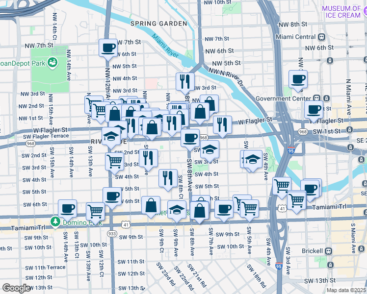 map of restaurants, bars, coffee shops, grocery stores, and more near 200 Southwest 8th Avenue in Miami