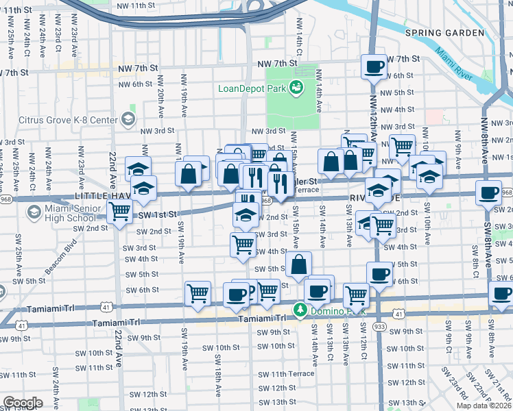 map of restaurants, bars, coffee shops, grocery stores, and more near 1609 Southwest 2nd Street in Miami