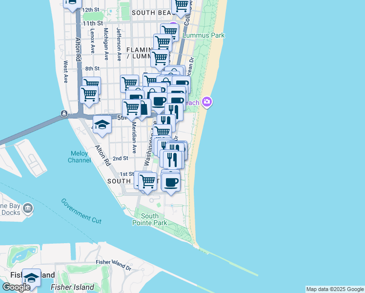 map of restaurants, bars, coffee shops, grocery stores, and more near in Miami Beach