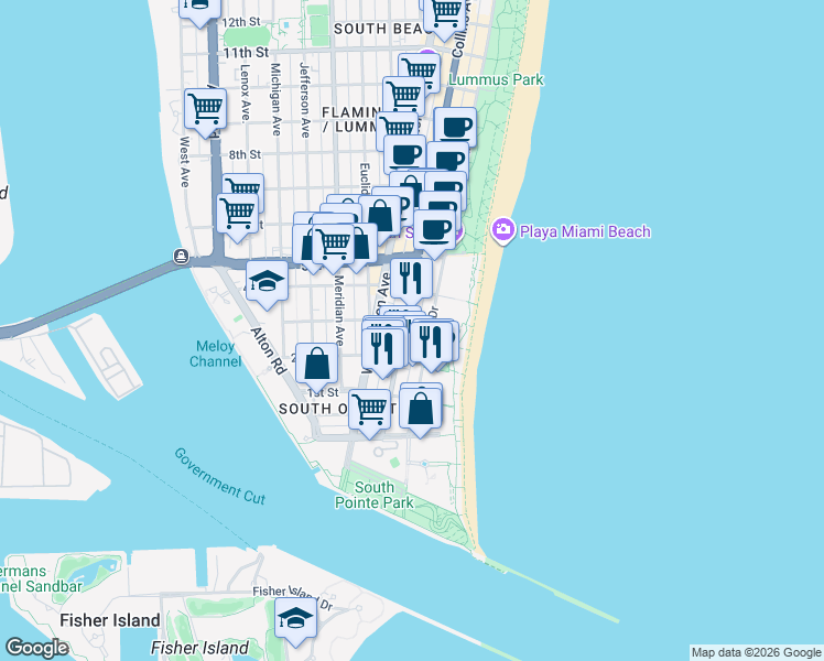 map of restaurants, bars, coffee shops, grocery stores, and more near 226 Ocean Court in Miami Beach