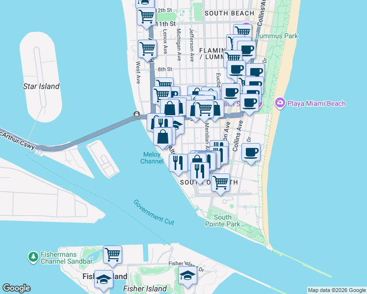 map of restaurants, bars, coffee shops, grocery stores, and more near in Miami Beach