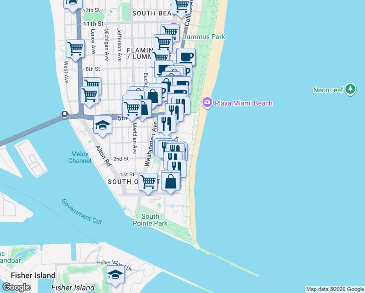 map of restaurants, bars, coffee shops, grocery stores, and more near 301 Ocean Drive in Miami Beach