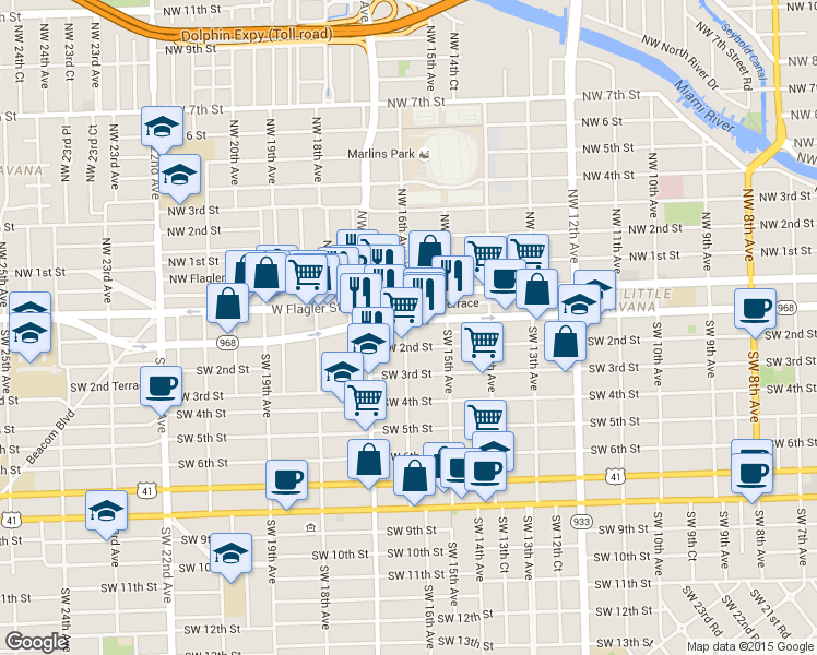 map of restaurants, bars, coffee shops, grocery stores, and more near 1609 Southwest 2nd Street in Miami