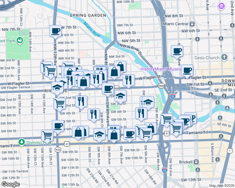 map of restaurants, bars, coffee shops, grocery stores, and more near 728 Southwest 2nd Street in Miami