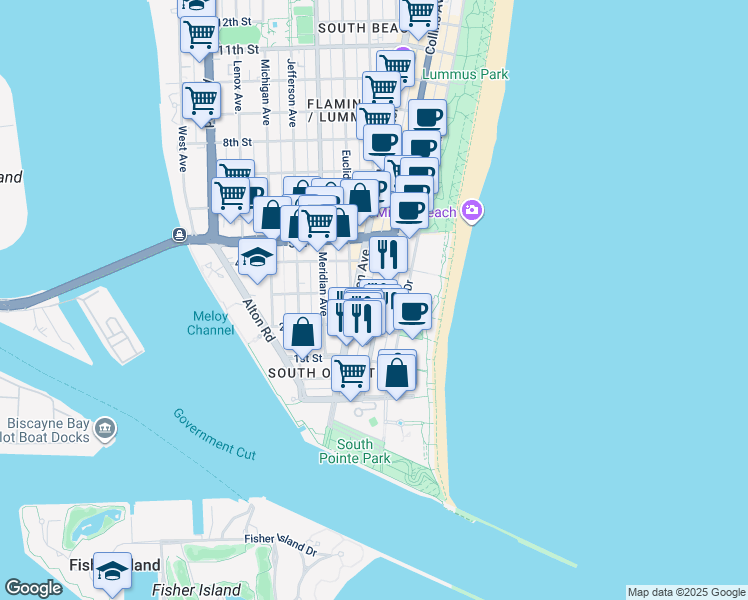 map of restaurants, bars, coffee shops, grocery stores, and more near in Miami Beach