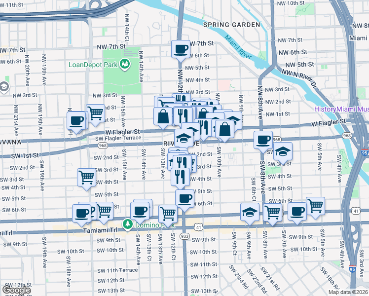 map of restaurants, bars, coffee shops, grocery stores, and more near 1153 Southwest 2nd Street in Miami