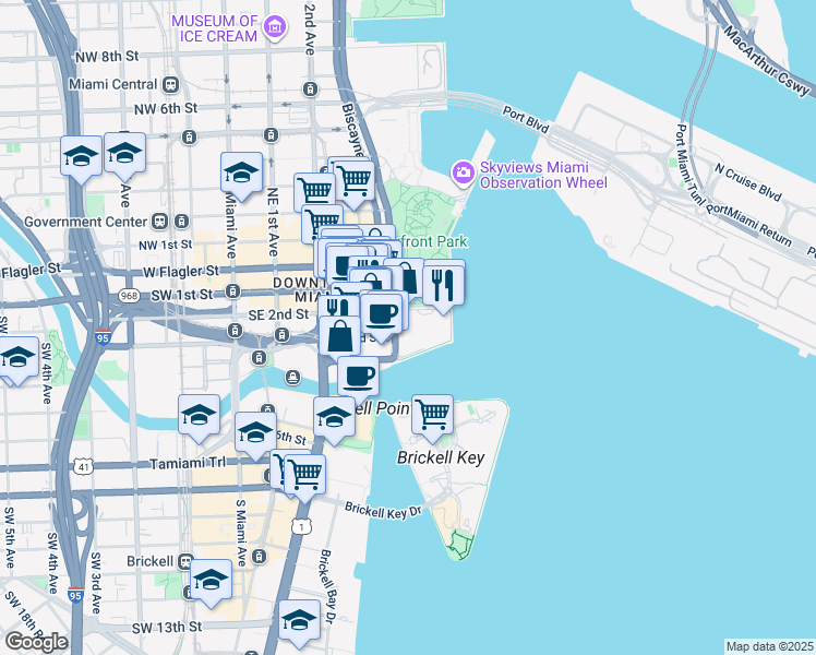 map of restaurants, bars, coffee shops, grocery stores, and more near 201 South Biscayne Boulevard in Miami