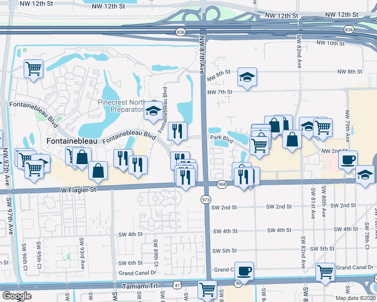 map of restaurants, bars, coffee shops, grocery stores, and more near 175 Fontainebleau Boulevard in Miami