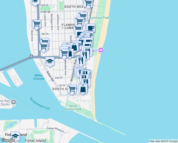 map of restaurants, bars, coffee shops, grocery stores, and more near in Miami Beach