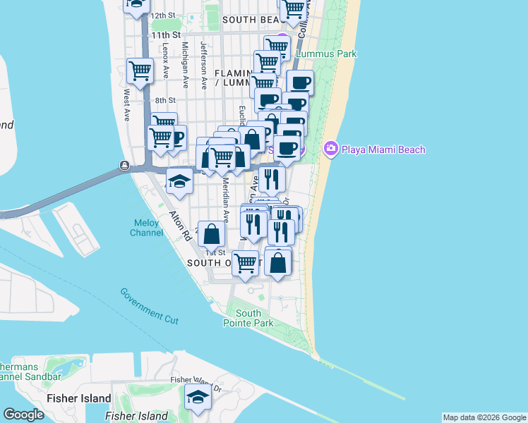 map of restaurants, bars, coffee shops, grocery stores, and more near 226 Ocean Court in Miami Beach