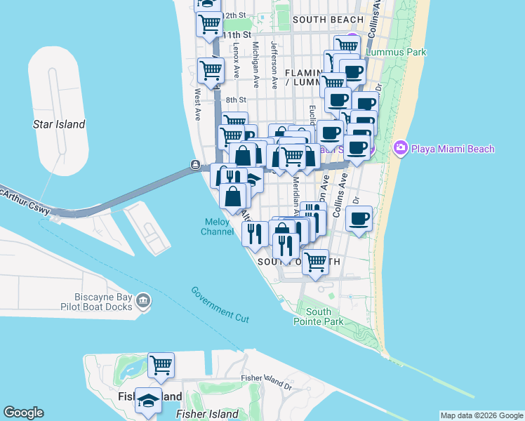 map of restaurants, bars, coffee shops, grocery stores, and more near in Miami Beach