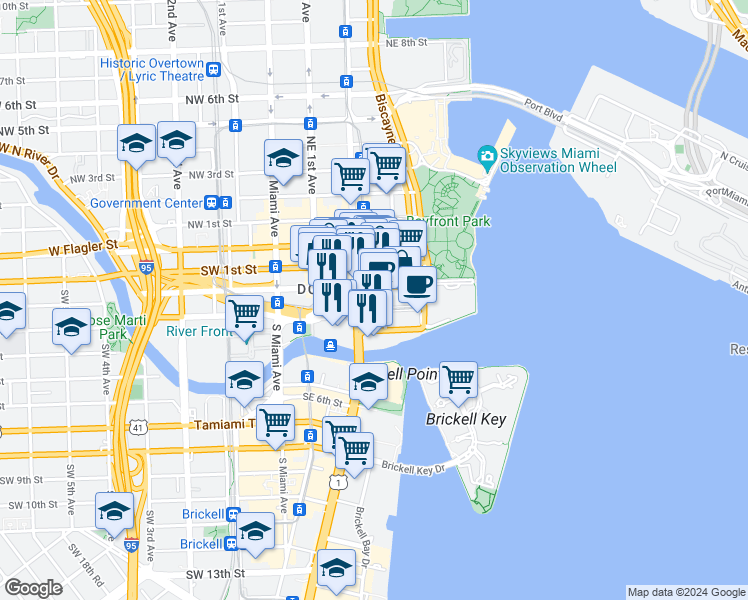 map of restaurants, bars, coffee shops, grocery stores, and more near 333 Southeast 2nd Avenue in Miami