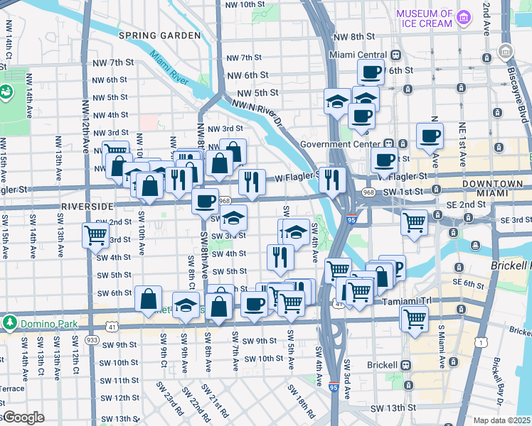 map of restaurants, bars, coffee shops, grocery stores, and more near 536 Southwest 2nd Street in Miami