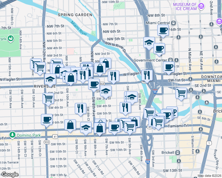 map of restaurants, bars, coffee shops, grocery stores, and more near 634 Southwest 2nd Street in Miami