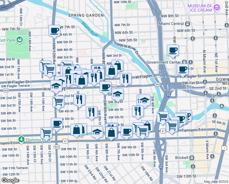 map of restaurants, bars, coffee shops, grocery stores, and more near 728 Southwest 2nd Street in Miami