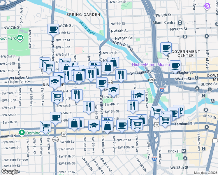 map of restaurants, bars, coffee shops, grocery stores, and more near 728 Southwest 2nd Street in Miami