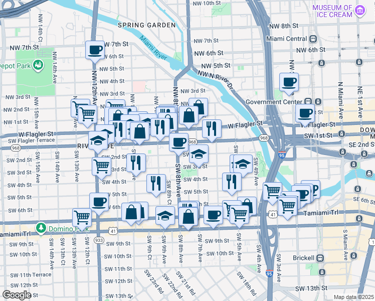map of restaurants, bars, coffee shops, grocery stores, and more near 728 Southwest 2nd Street in Miami