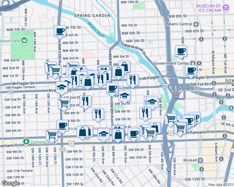 map of restaurants, bars, coffee shops, grocery stores, and more near 728 Southwest 2nd Street in Miami