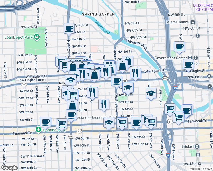 map of restaurants, bars, coffee shops, grocery stores, and more near 902 Southwest 2nd Street in Miami