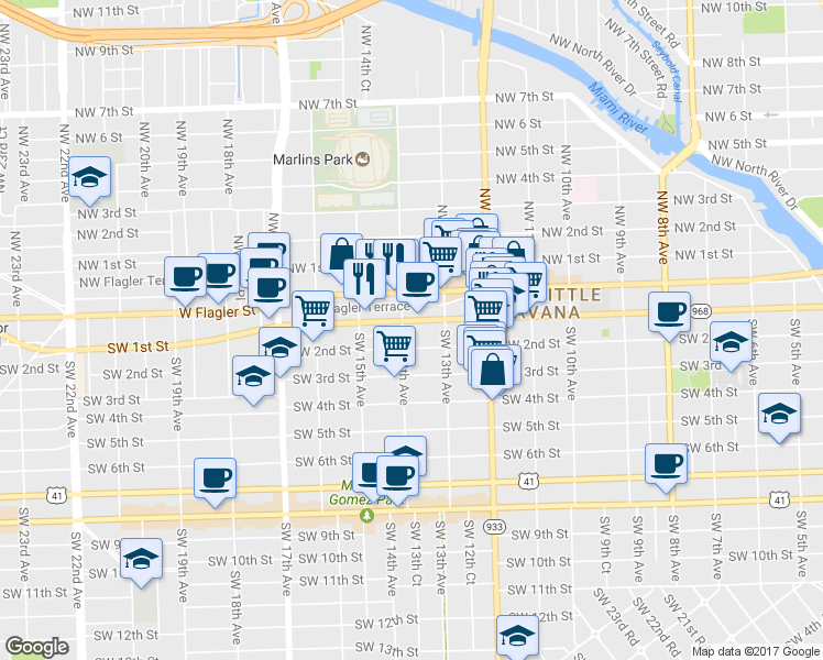 map of restaurants, bars, coffee shops, grocery stores, and more near 1331 Southwest 2nd Street in Miami