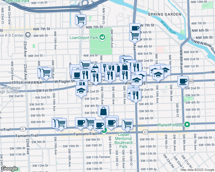 map of restaurants, bars, coffee shops, grocery stores, and more near 1429 Southwest 2nd Street in Miami
