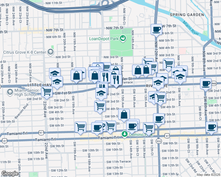 map of restaurants, bars, coffee shops, grocery stores, and more near 1609 Southwest 2nd Street in Miami