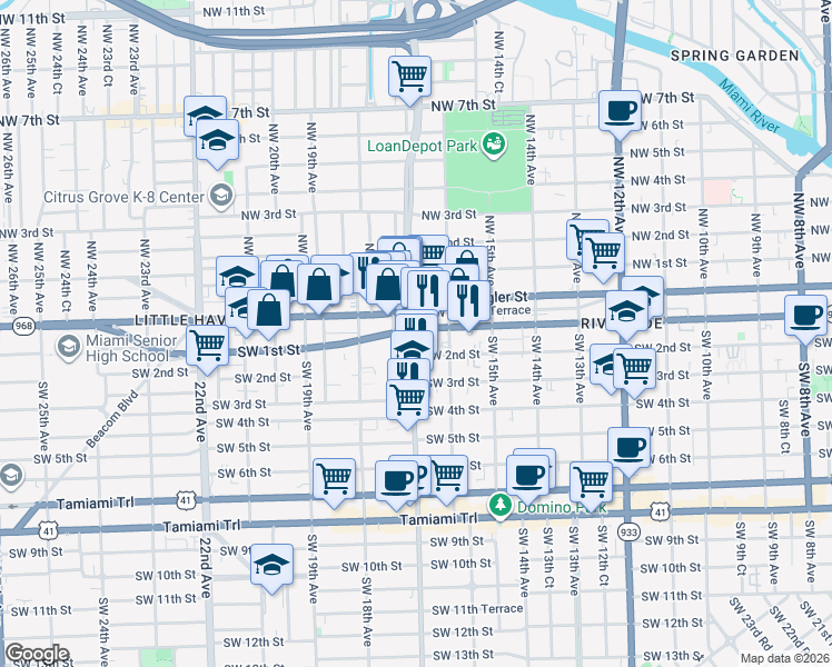 map of restaurants, bars, coffee shops, grocery stores, and more near 134 Southwest 17th Avenue in Miami