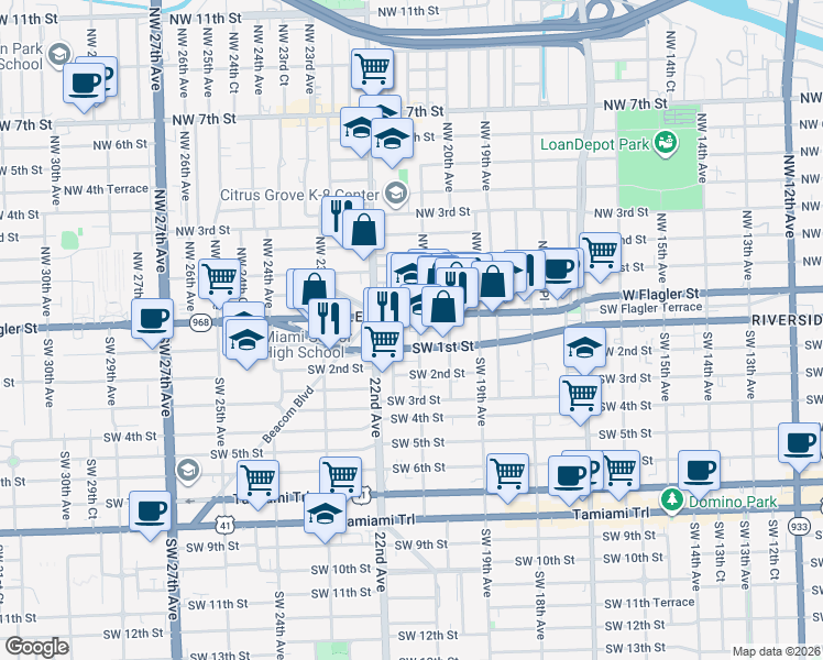 map of restaurants, bars, coffee shops, grocery stores, and more near 2093 Southwest 1st Street in Miami