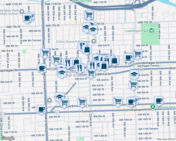 map of restaurants, bars, coffee shops, grocery stores, and more near 2140 West Flagler Street in Miami