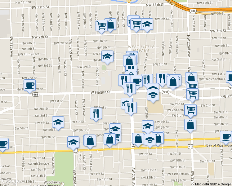 map of restaurants, bars, coffee shops, grocery stores, and more near 2851-2853 Southwest 1st Street in Miami