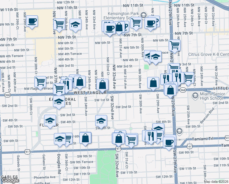 map of restaurants, bars, coffee shops, grocery stores, and more near 20 Southwest 31st Court in Miami