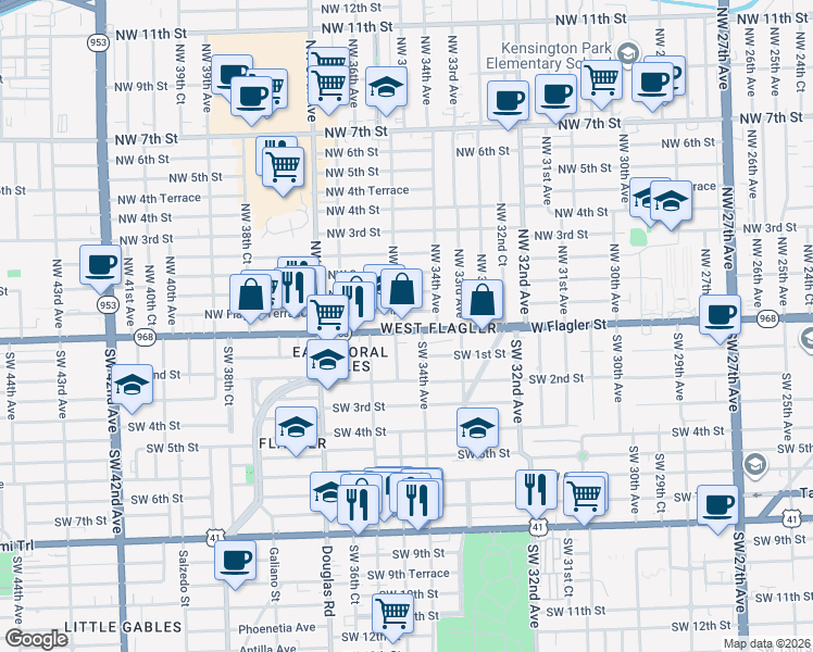 map of restaurants, bars, coffee shops, grocery stores, and more near 20 Southwest 34th Avenue in Miami