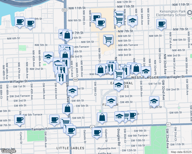 map of restaurants, bars, coffee shops, grocery stores, and more near 3890 Florida 968 in Miami
