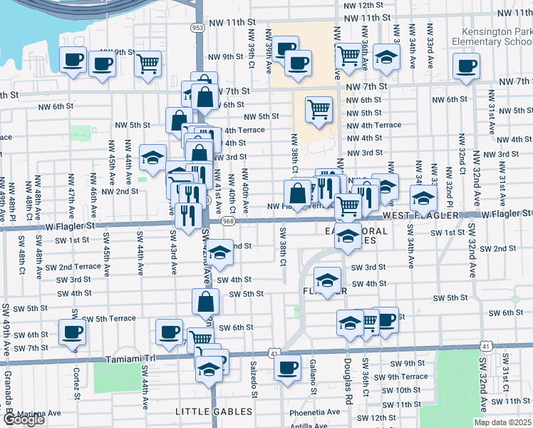 map of restaurants, bars, coffee shops, grocery stores, and more near 3944 Florida 968 in Miami